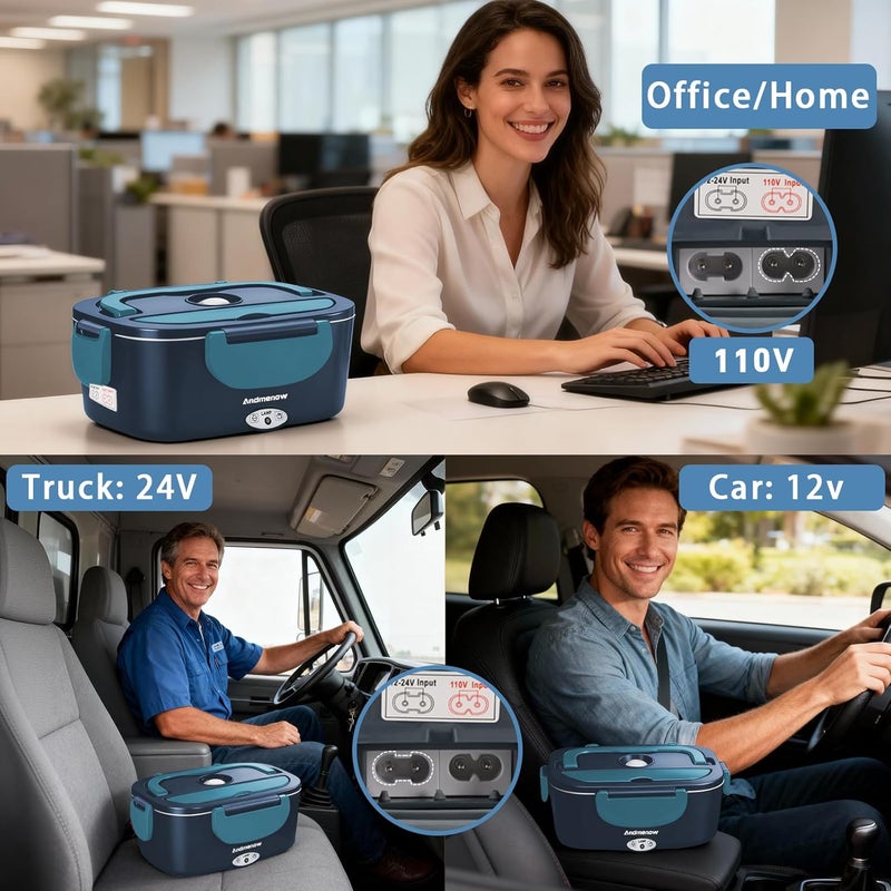 Andmenow Heated Lunch Box for Adults – 80W 1.5L Electric Lunch Box with 12/24/110V, Portable Food Warmer for Work & Travel | Stainless Steel Inner Pot | Lonchera Electrica Portatil para Hombres y Mujeres - Image 2